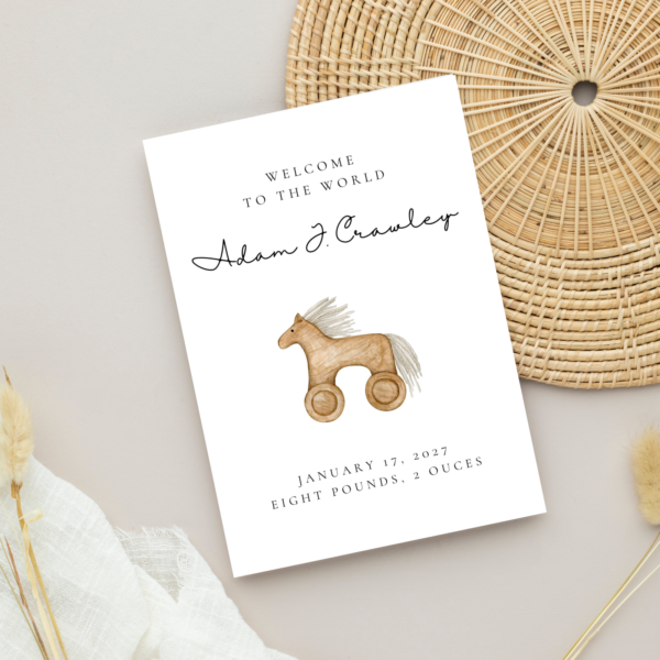 Personalized Baby Shower Card with Vintage Rocking Horse, 5 x 7 Greeting Card and White Envelope