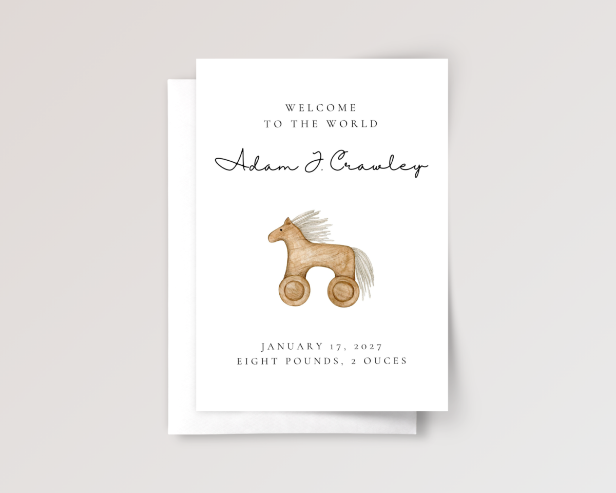 Personalized Baby Shower Card with Vintage Rocking Horse, 5 x 7 Greeting Card and White Envelope