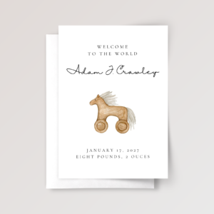 Personalized Baby Shower Card with Vintage Rocking Horse, 5 x 7 Greeting Card and White Envelope