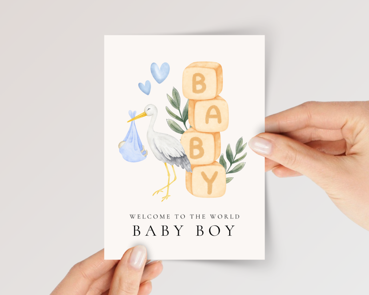 Baby Shower Card for Newborn Boy with Blocks and Stork, 5 x 7 Greeting Card and White Envelope