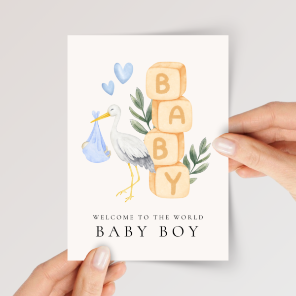 Baby Shower Card for Newborn Boy with Blocks and Stork, 5 x 7 Greeting Card and White Envelope