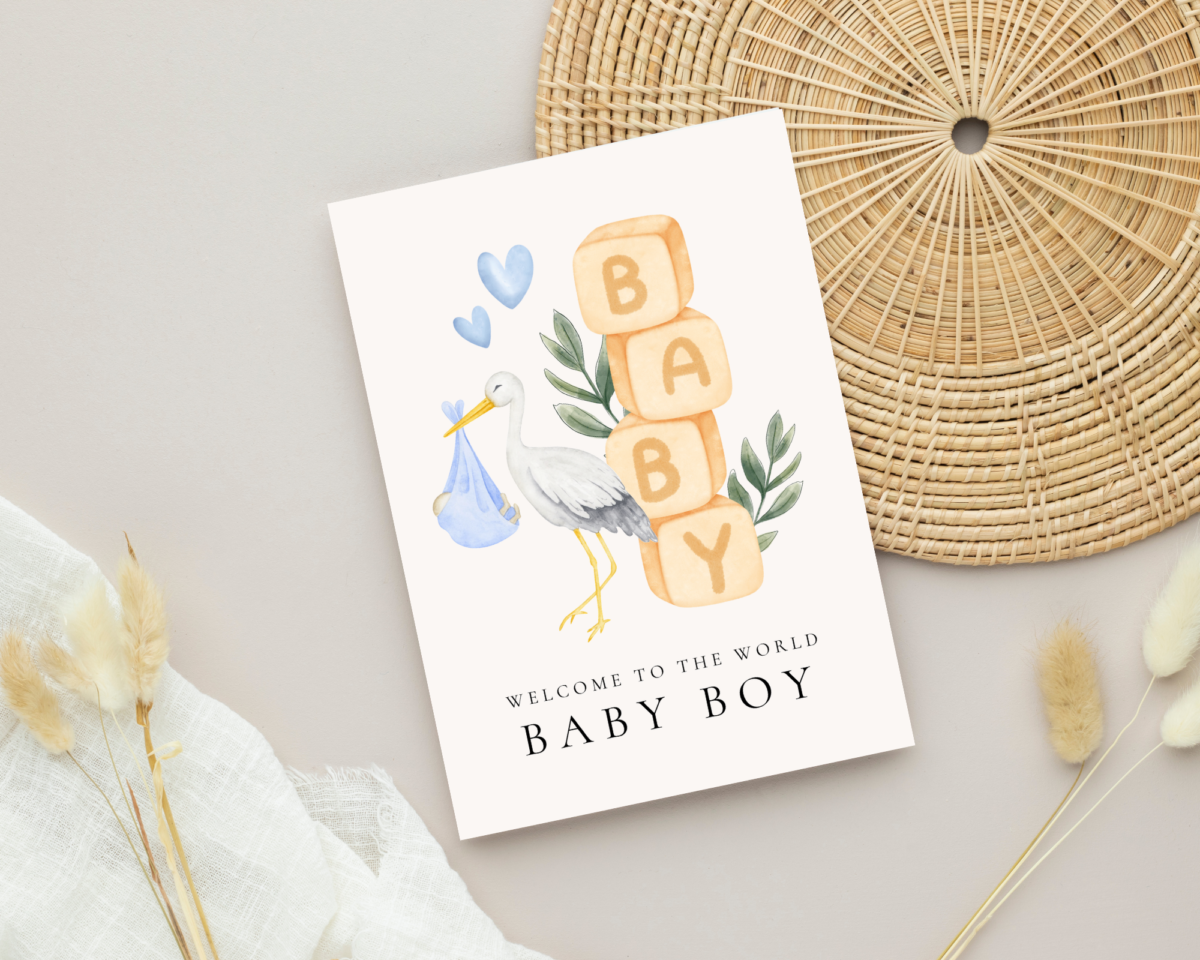 Baby Shower Card for Newborn Boy with Blocks and Stork, 5 x 7 Greeting Card and White Envelope