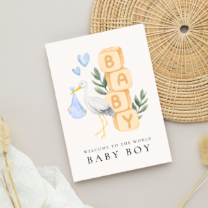 Baby Shower Card for Newborn Boy with Blocks and Stork, 5 x 7 Greeting Card and White Envelope