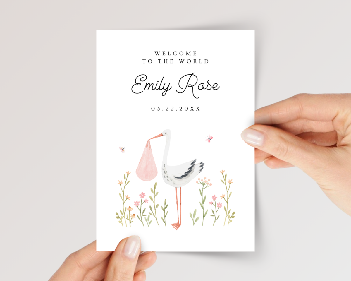Personalized Baby Shower Card for Newborn Girl With Stork, 5 x 7 Greeting Card and White Envelope, Pink
