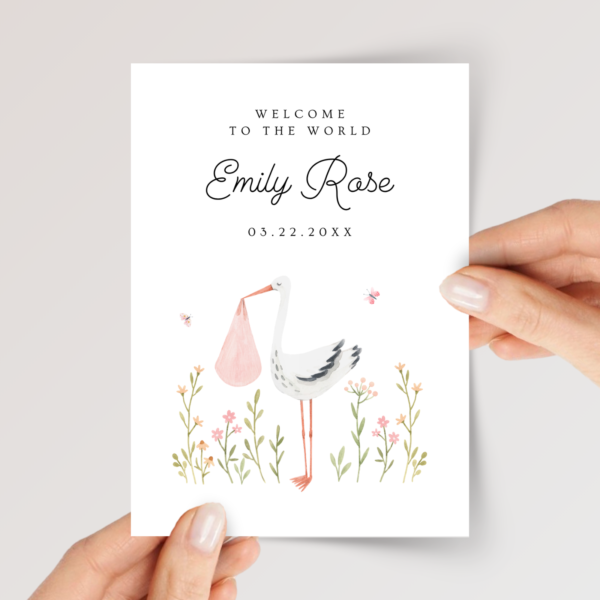 Personalized Baby Shower Card for Newborn Girl With Stork, 5 x 7 Greeting Card and White Envelope, Pink