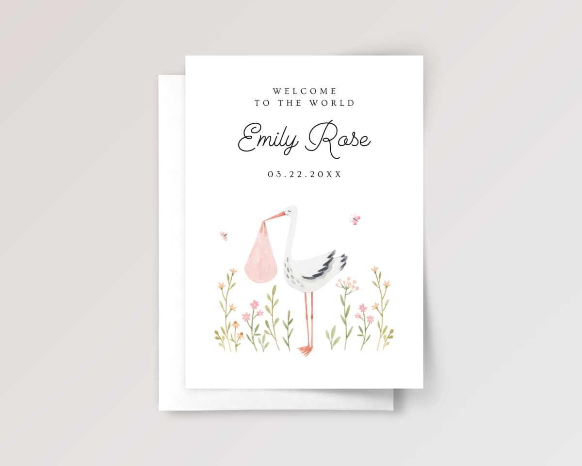 Personalized Baby Shower Card for Newborn Girl With Stork, 5 x 7 Greeting Card and White Envelope, Pink