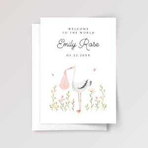 Personalized Baby Shower Card for Newborn Girl With Stork, 5 x 7 Greeting Card and White Envelope, Pink