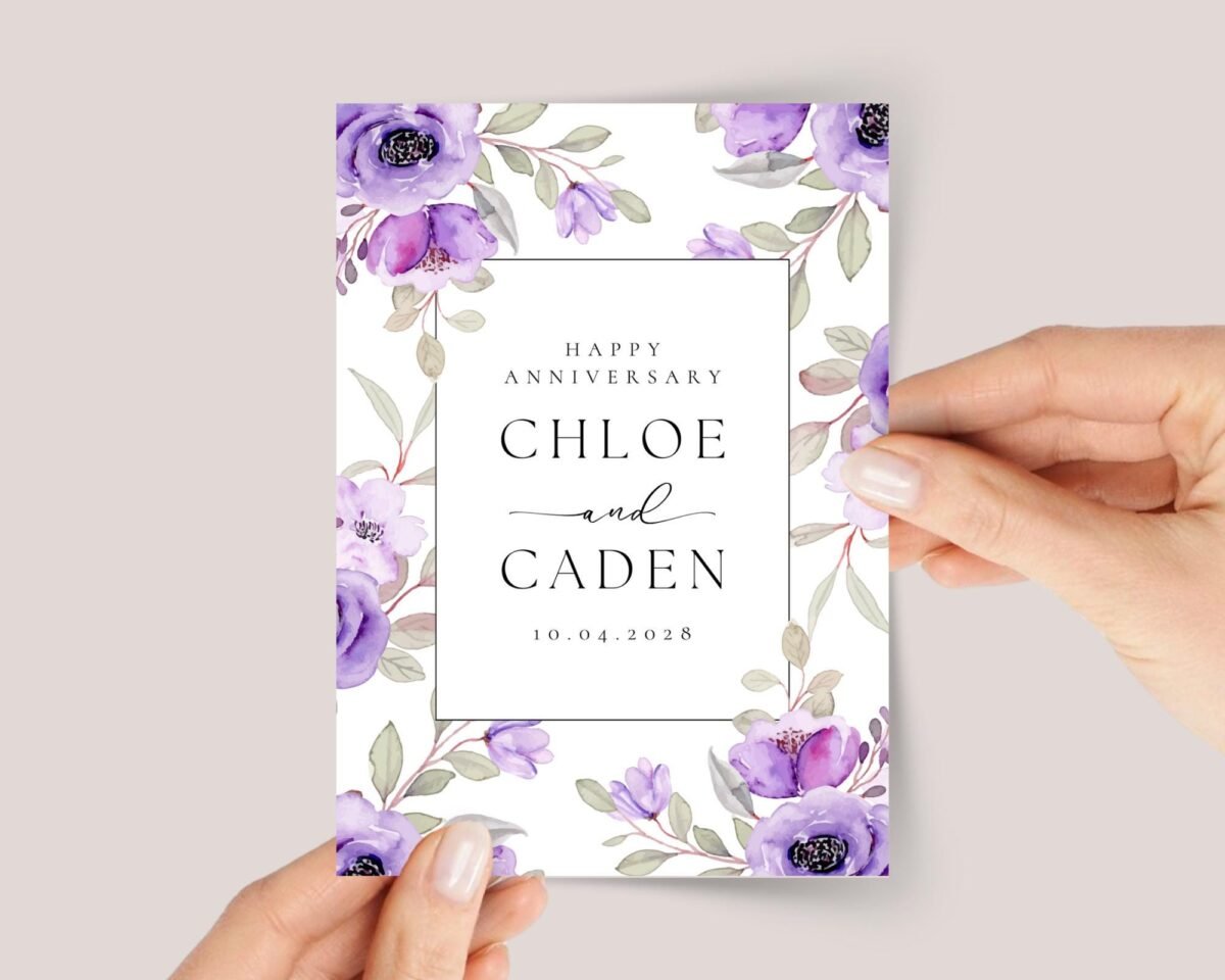 Personalized Anniversary Card for Couple with Purple Flowers