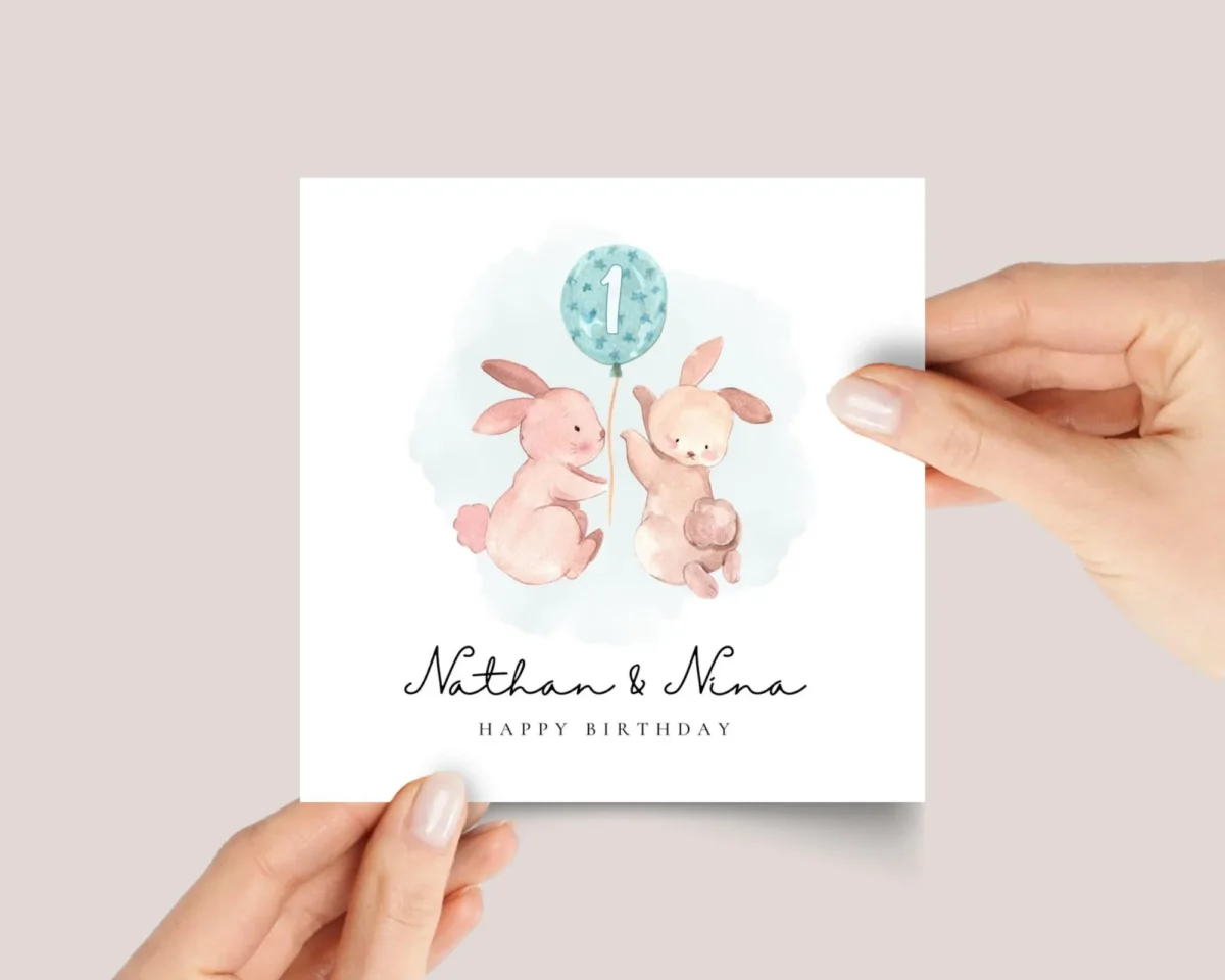 First Birthday Card with Twin Bunnies Turning One, Two, or Any Age