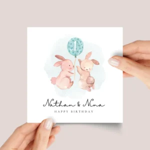First Birthday Card with Twin Bunnies Turning One, Two, or Any Age