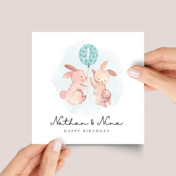 First Birthday Card with Twin Bunnies Turning One, Two, or Any Age