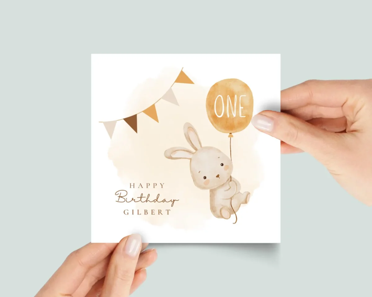 First Birthday Card for Baby Turning One, Two, or Any Age | Bunny and Balloon