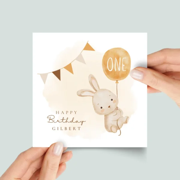 First Birthday Card for Baby Turning One, Two, or Any Age | Bunny and Balloon