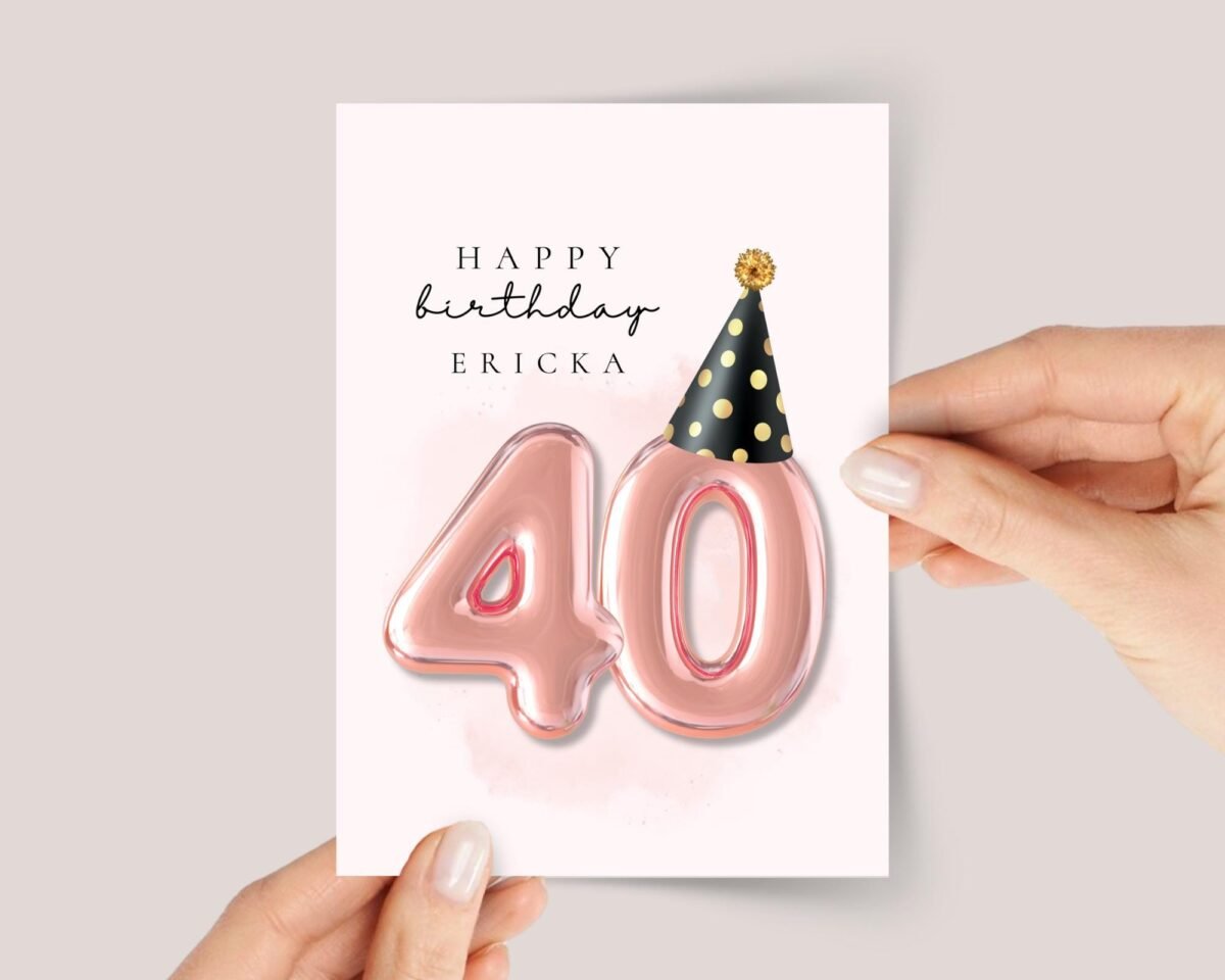 Personalized 40th Birthday Card for Husband/Wife with Rose Gold Number Balloons
