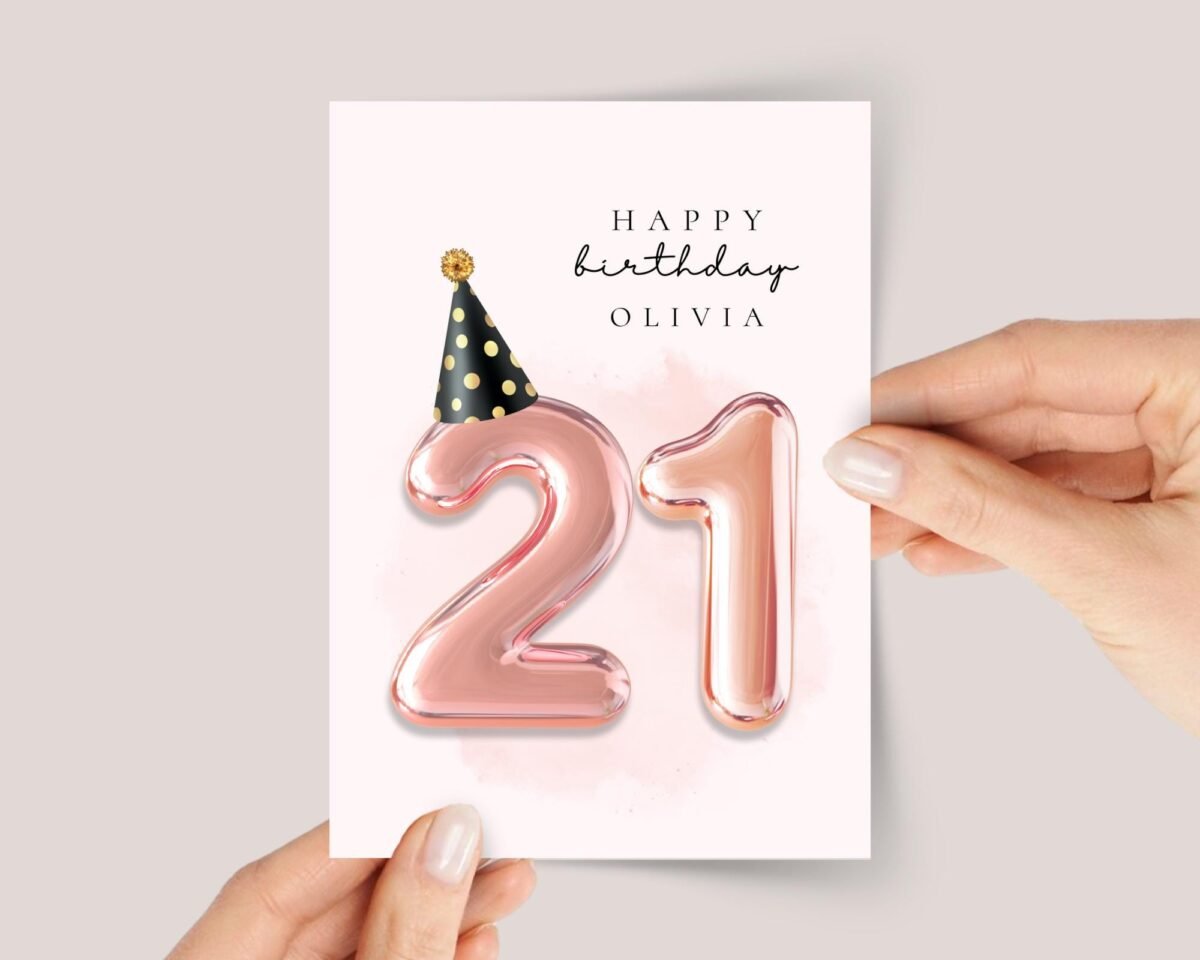 Personalized 21st Birthday Card for Daughter with Rose Gold Number Balloons