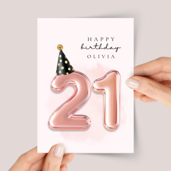 Personalized 21st Birthday Card for Daughter with Rose Gold Number Balloons