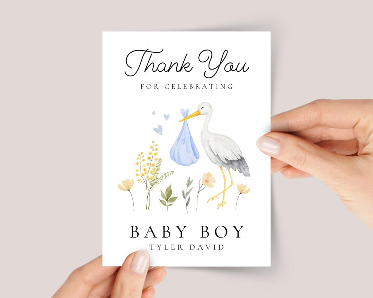 Personalized Thank You Card for Baby Shower Gift | Newborn Boy, Stork