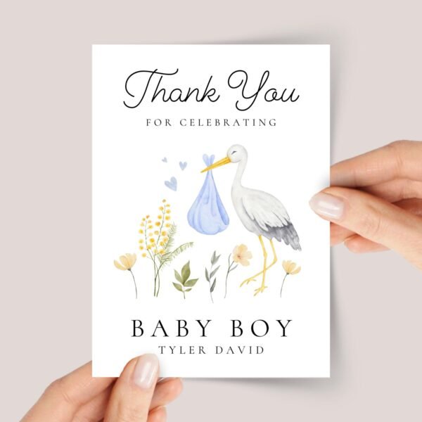 Personalized Thank You Card for Baby Shower Gift | Newborn Boy, Stork