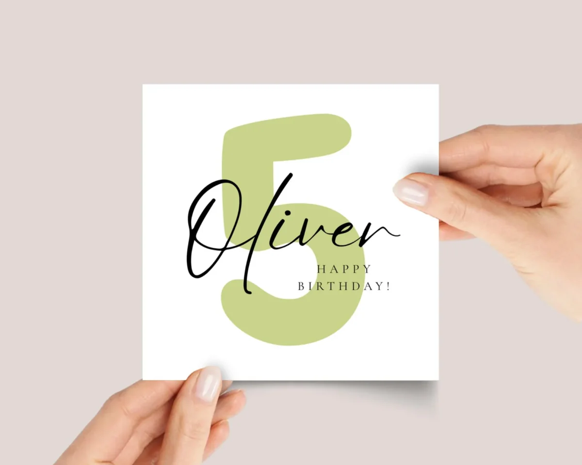 Personalized 5th Birthday Card for Kids with Green Number Five