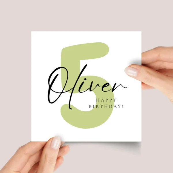 Personalized 5th Birthday Card for Kids with Green Number Five