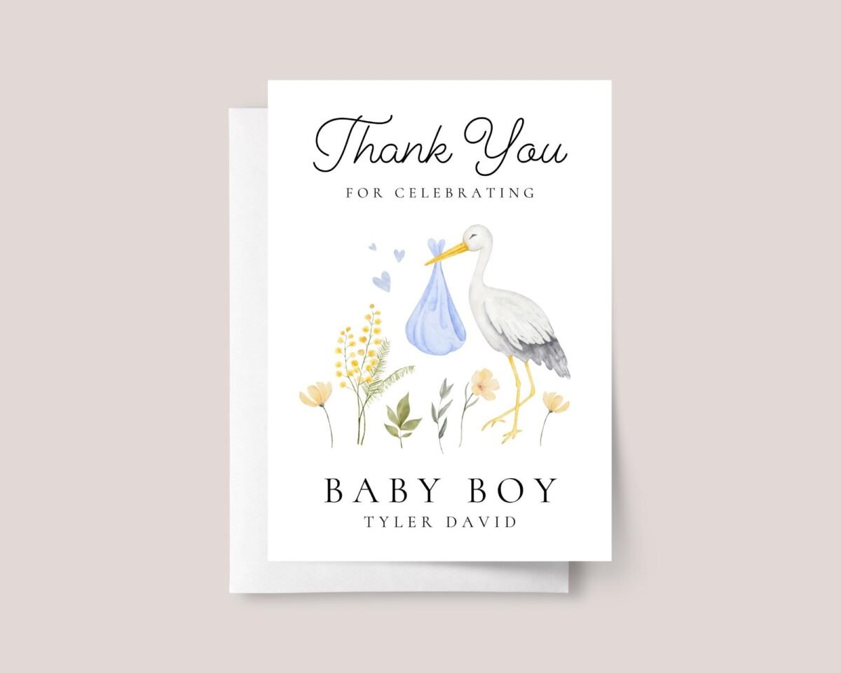 Personalized Thank You Card for Baby Shower Gift | Newborn Boy, Stork