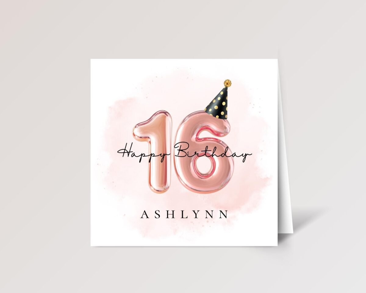 Personalized 16th Birthday Card for Teen with Gold Number Balloons