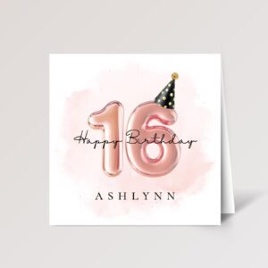 Personalized 16th Birthday Card for Teen with Gold Number Balloons