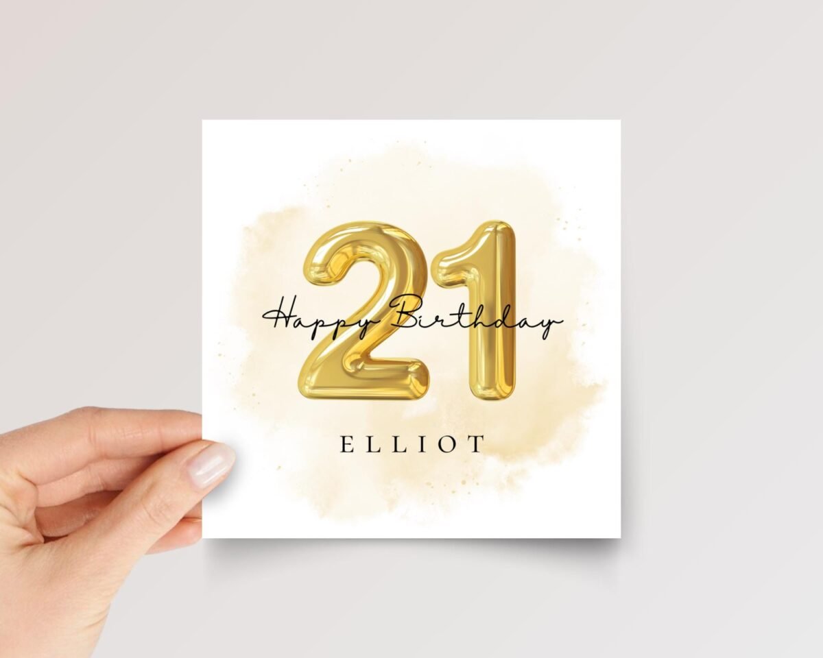 Personalized 21st Birthday Card with Gold Number Balloons for Adult Child
