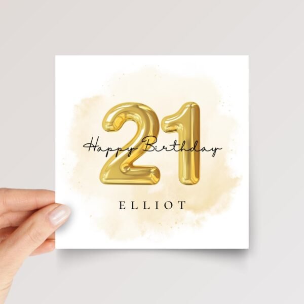 Personalized 21st Birthday Card with Gold Number Balloons for Adult Child