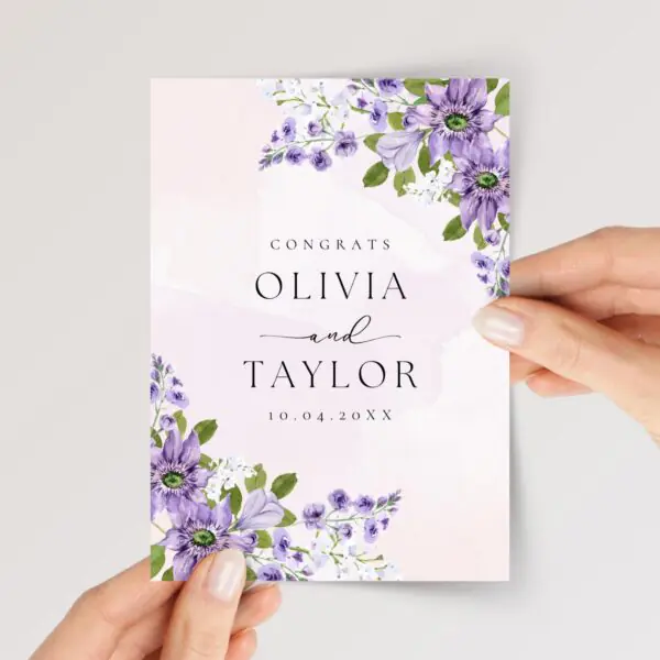 Custom Wedding Card for Son and Daughter in Law with Purple Flowers - Image 1 Personalized Wedding Card for Son and Daughter in Law with Purple Flowers