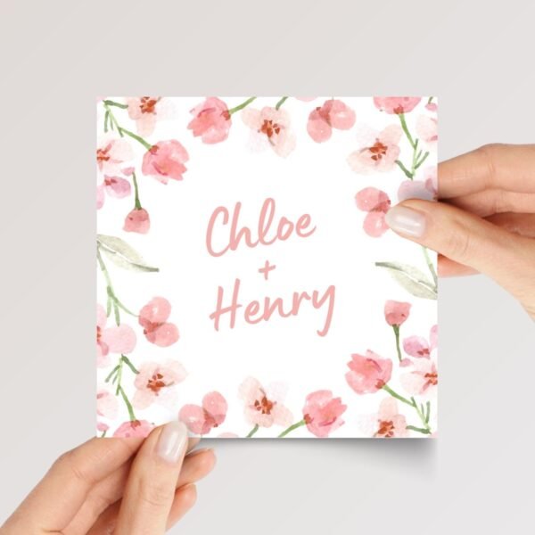 Custom Engagement Card for Couple with Pink Flowers
