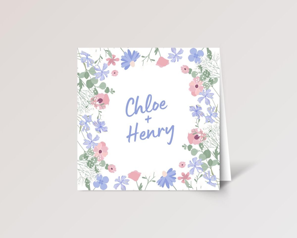 Custom Engagement Card for Couple with Blue Flowers