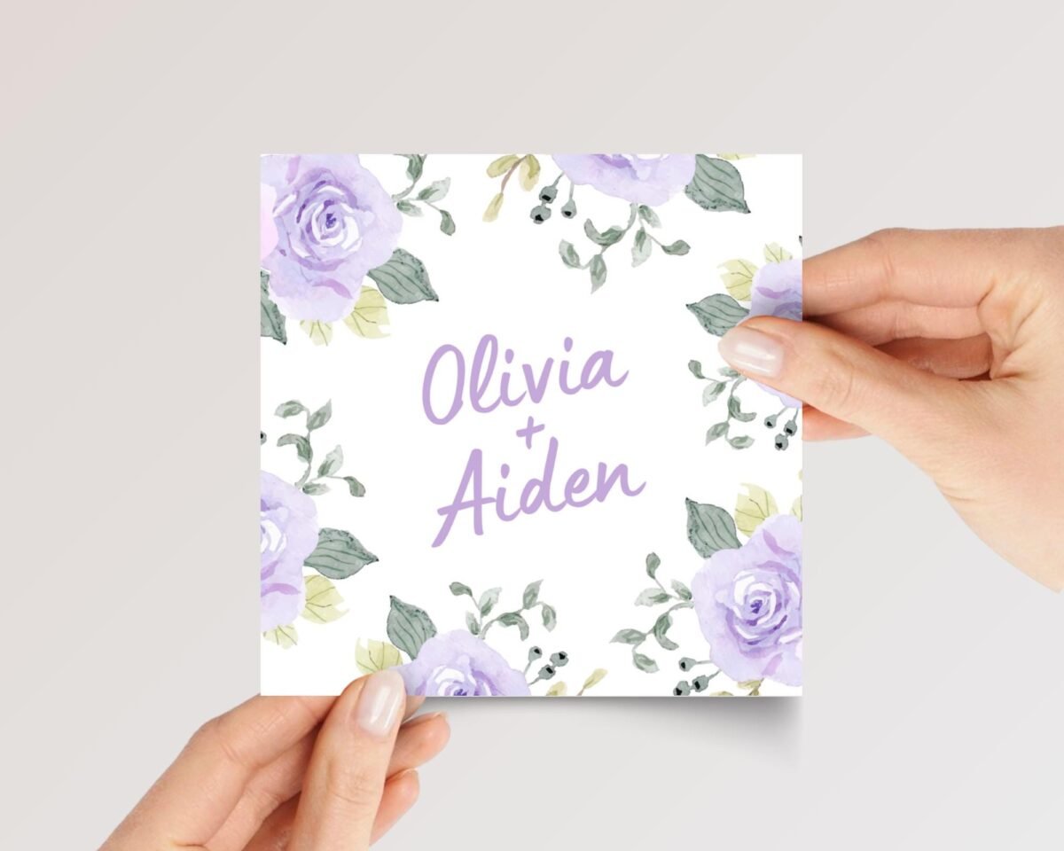 Custom Engagement Card for Couple with Purple Flowers