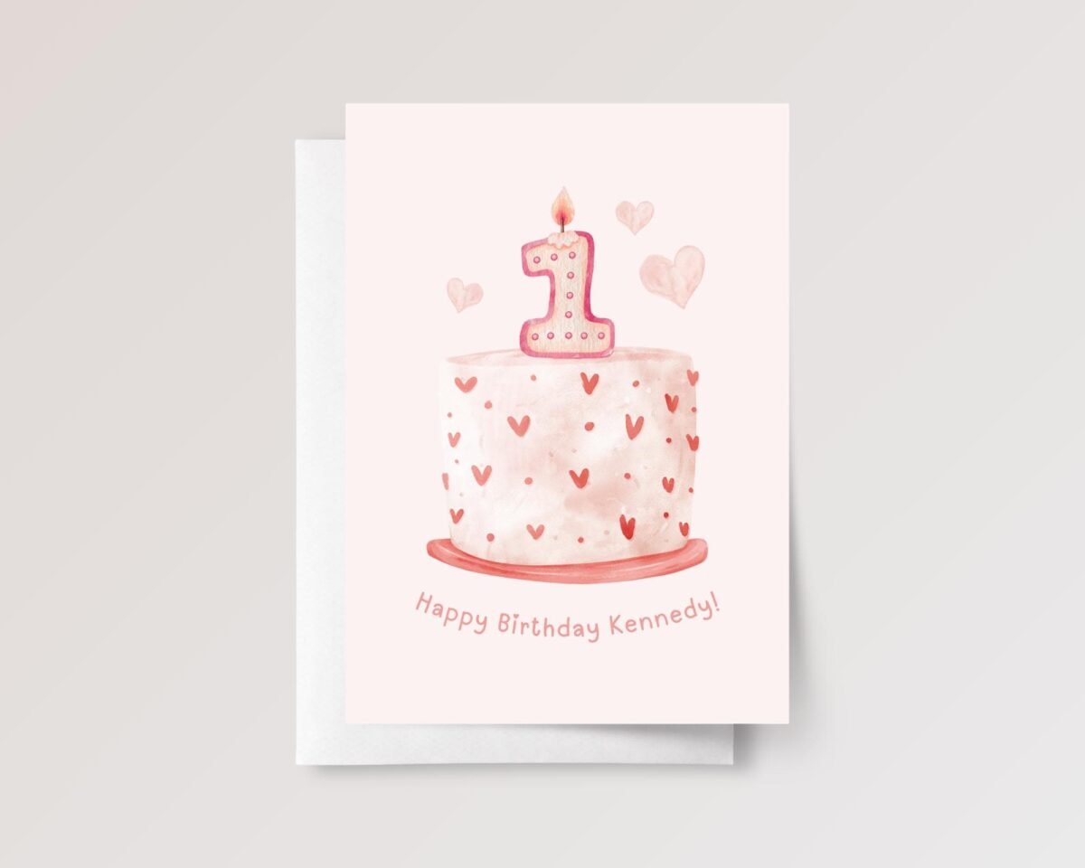 Personalized First Birthday Card for Baby Girl Turning One | Heart Cake with Candle