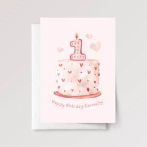 Personalized First Birthday Card for Baby Girl Turning One | Heart Cake with Candle