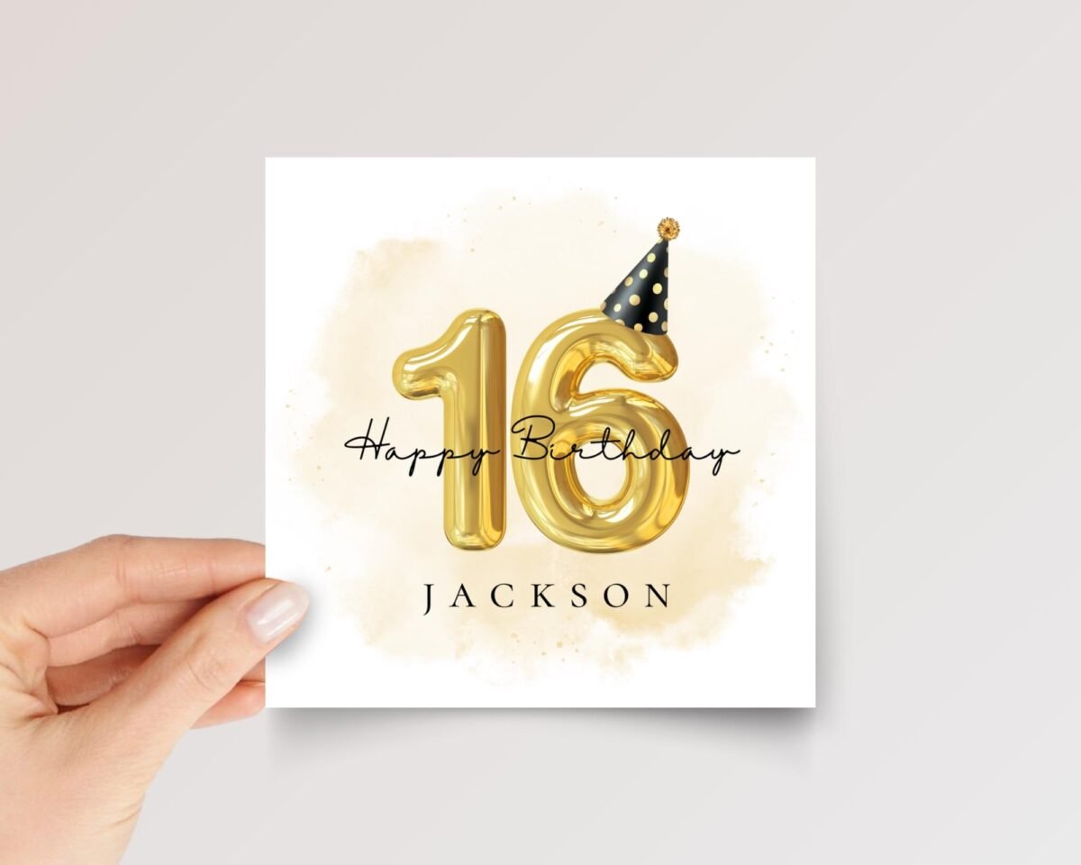 Personalized 16th Birthday Card for Teen with Gold Number Balloons