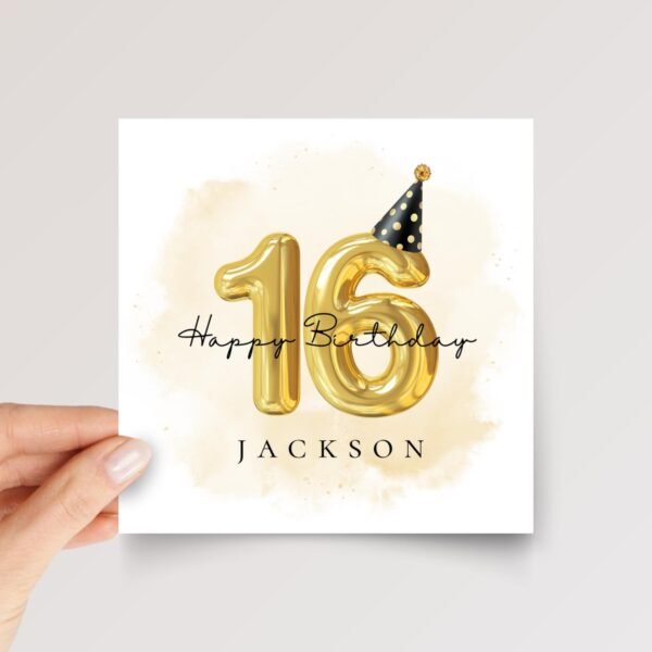 Personalized 16th Birthday Card for Teen with Gold Number Balloons