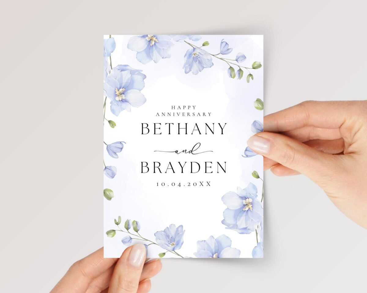 Floral Anniversary Card for Couple with Blue Delphiniums - Image 1 Floral Anniversary Card for Couple with Blue Delphiniums