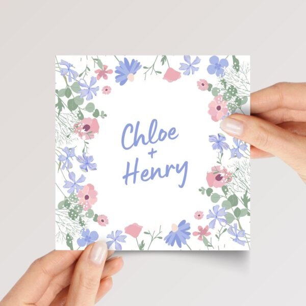 Custom Engagement Card for Couple with Blue Flowers