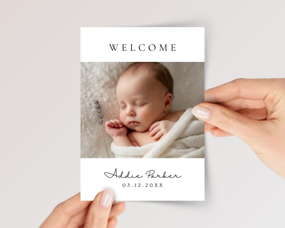Personalized Baby Announcement Photo Card for Newborn Boy or Girl | Green, Pink, White - Image 1 Personalized Baby Announcement Photo Card for Newborn Boy or Girl | Green, Pink, White
