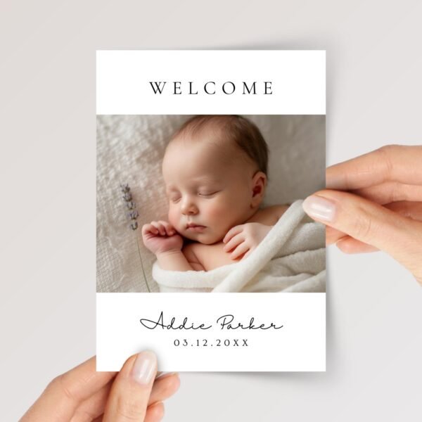 Personalized Baby Announcement Photo Card for Newborn Boy or Girl | Green, Pink, White