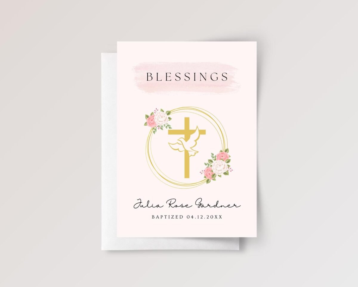 Personalized Baptism Card with Cross and Floral Wreath for Daughter/Granddaughter