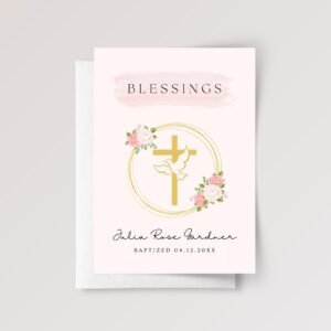 Personalized Baptism Card with Cross and Floral Wreath for Daughter/Granddaughter