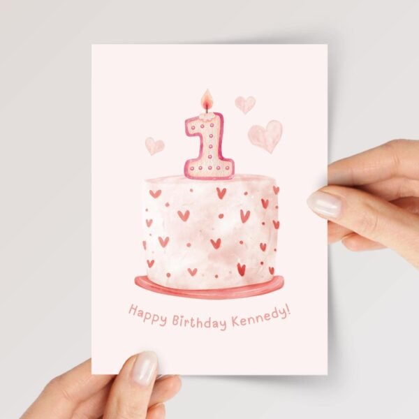 Personalized First Birthday Card for Baby Girl Turning One | Heart Cake with Candle