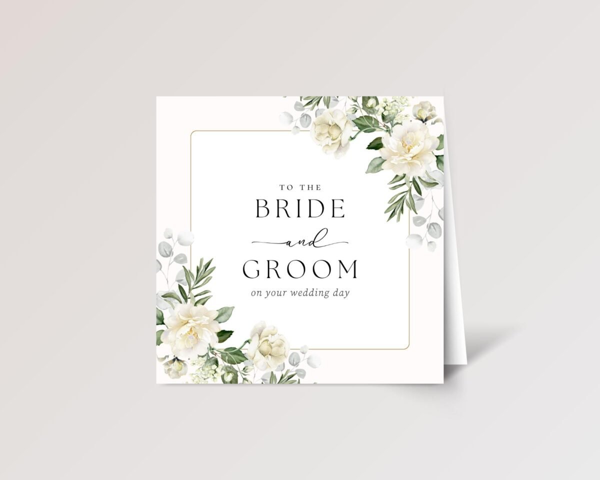 Floral Wedding Card for Bride and Groom with White Roses