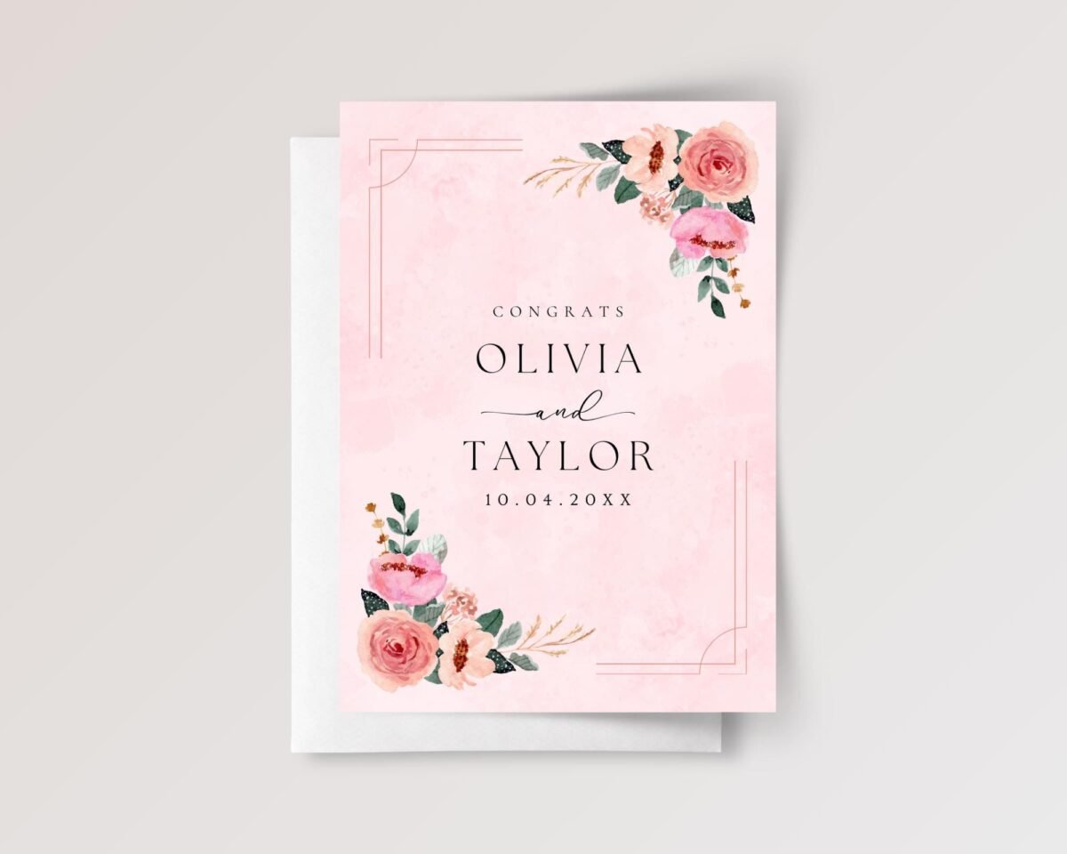 Custom Floral Wedding Card for Couple with Pink Roses - Image 4 Custom Floral Wedding Card for Couple with Pink Roses