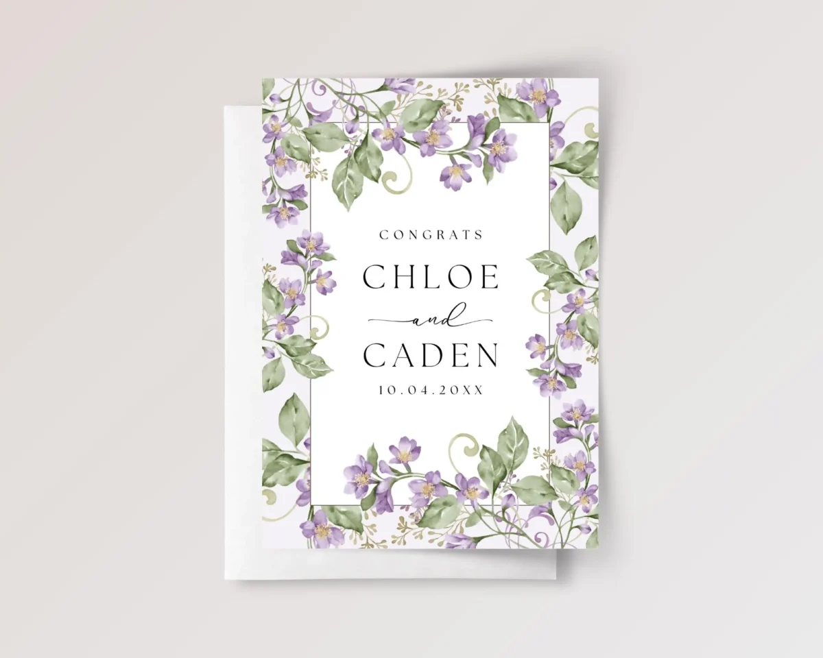 Custom Floral Wedding Card for Couple with Purple Flowers