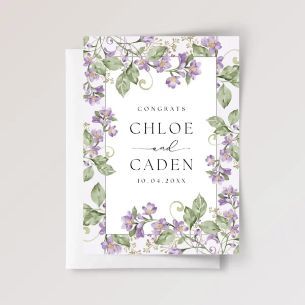 Custom Floral Wedding Card for Couple with Purple Flowers