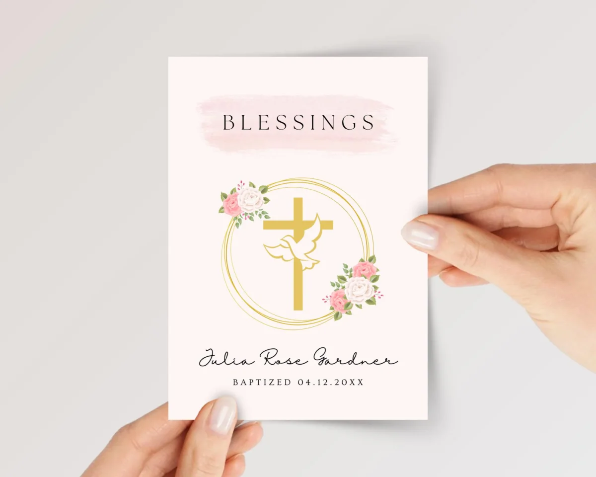 Personalized Baptism Card with Cross and Floral Wreath for Daughter/Granddaughter