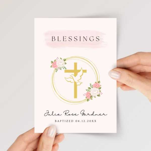 Personalized Baptism Card with Cross and Floral Wreath for Daughter/Granddaughter